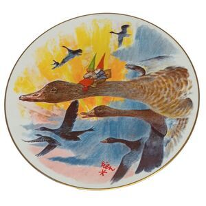 VTG 1981 Rien Poortvliet Gnomes On Ducks Plate Three Up Up and Away Autumn 8.5"